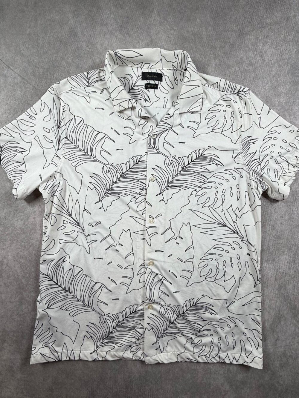 Porter Ash Mens XL Shirt White Black Monstera Leaf Kinetic Stretch Short Sleeve